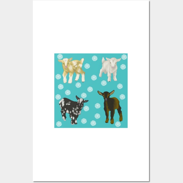 Baby Goats Sunflowers Pattern Blue Wall Art by TrapperWeasel
